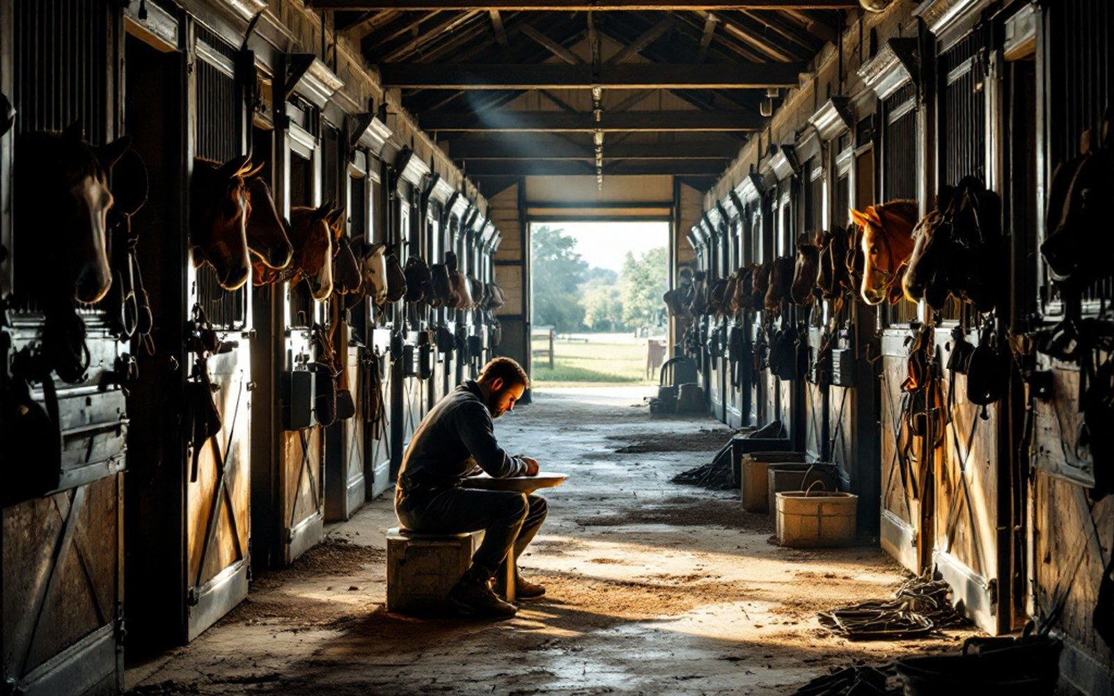 A stable aisle with boxes on both sides opening onto daylight