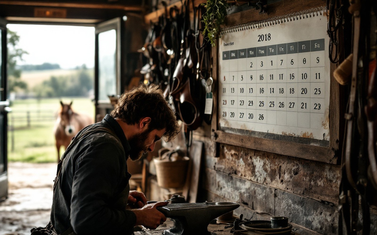 A wall calendar in a tack room with dates marked