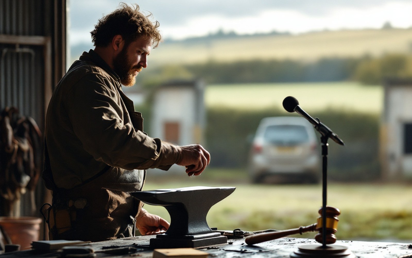 A rostrum with a gavel and a microphone, ring beyond