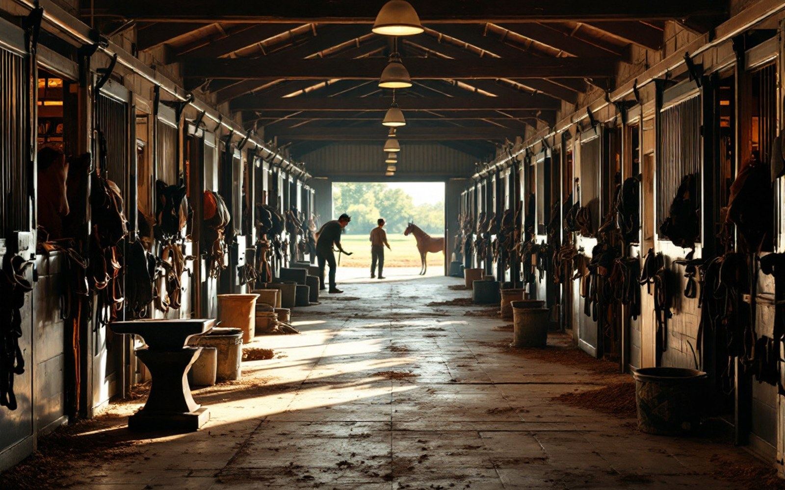 An empty stall row after a sale, doors open